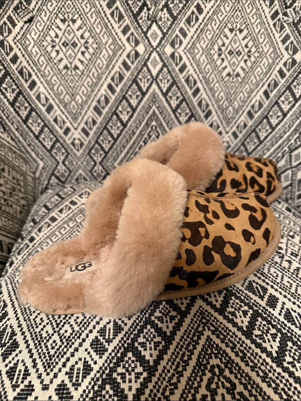 UGG Leopard Print Slip-On Slippers with Chestnut Fur Collar